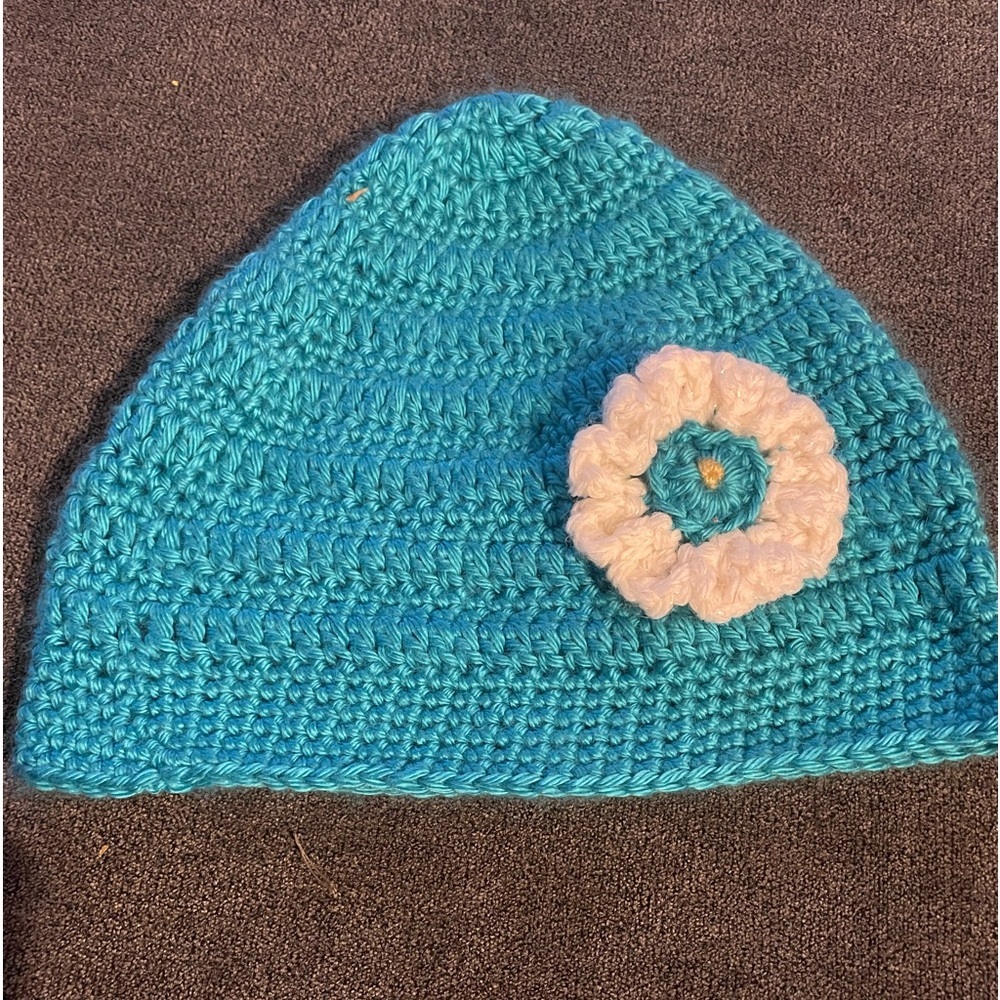 Blue with white flower, crocheted cancer cap winter hat-homemade